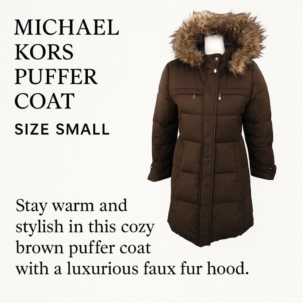 Michael Kors Women's Down Filled Brown Quilted Down Faux Fur Hooded Jacket Sz S